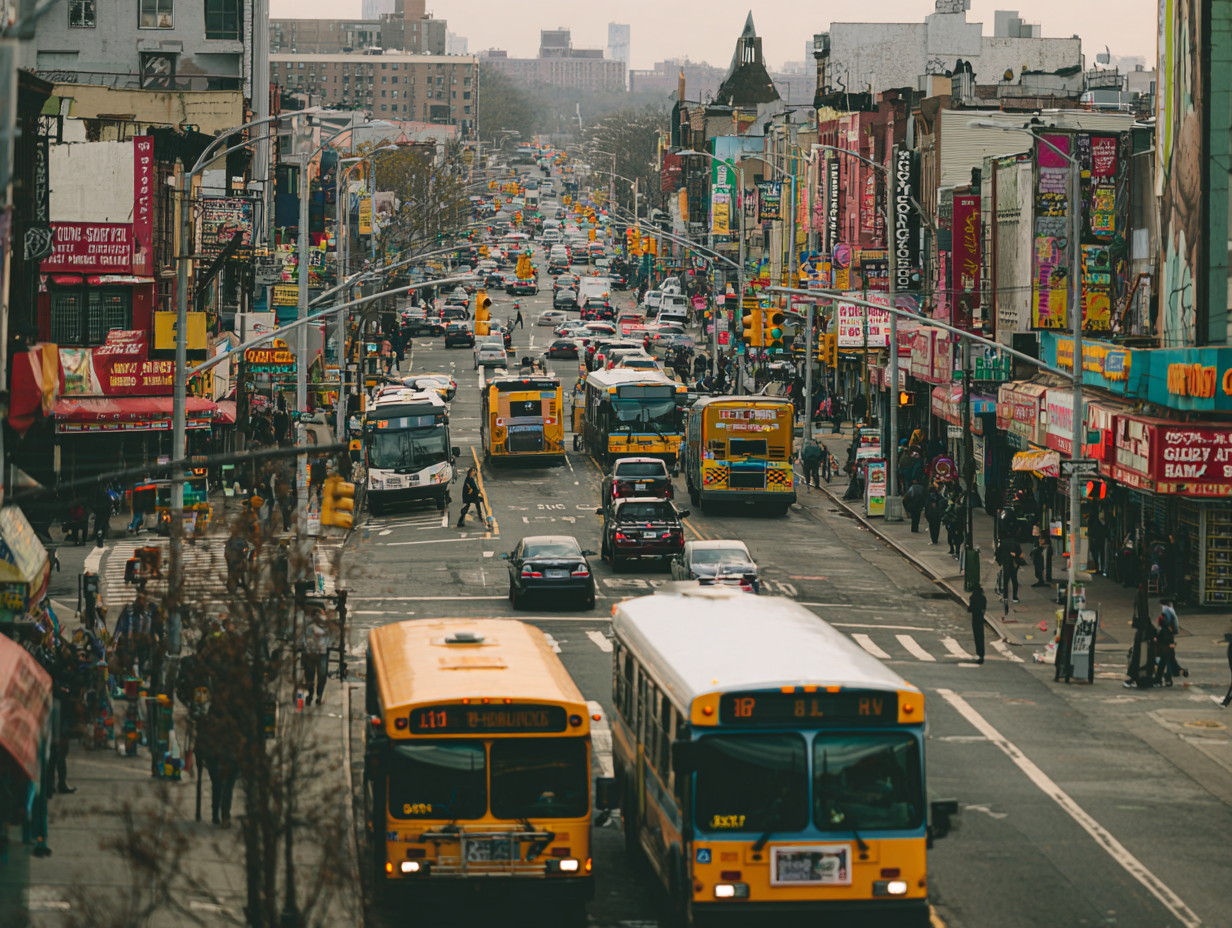 Busy Avenue in Brooklyn with heavy traffic, buses, pedestrians, and street noise atmosphere